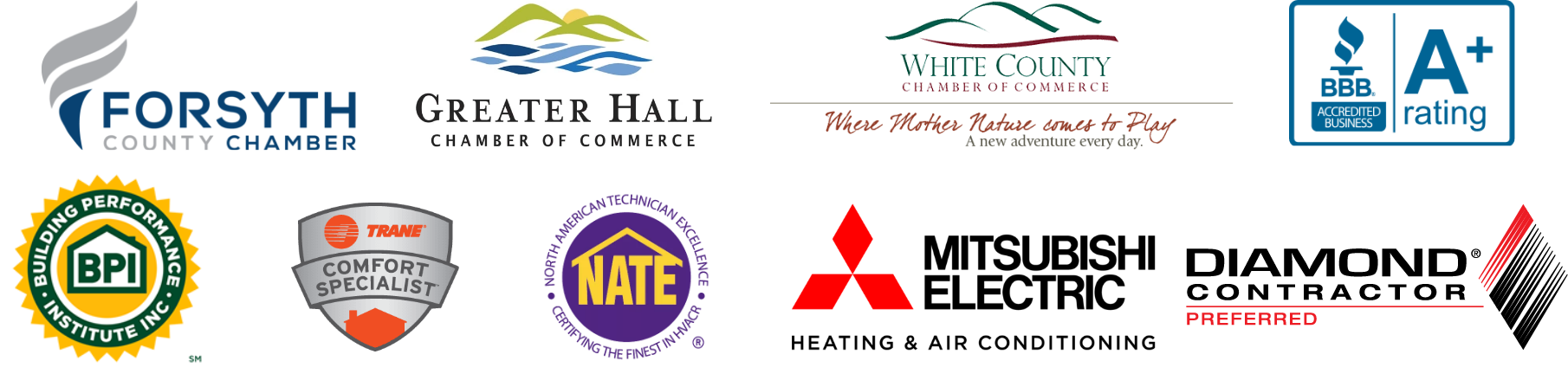 Collage of local and specific businesses towards HVAC; Forsyth County Chamber, Trane, NATE, BBB, Mitsubishi, and more.