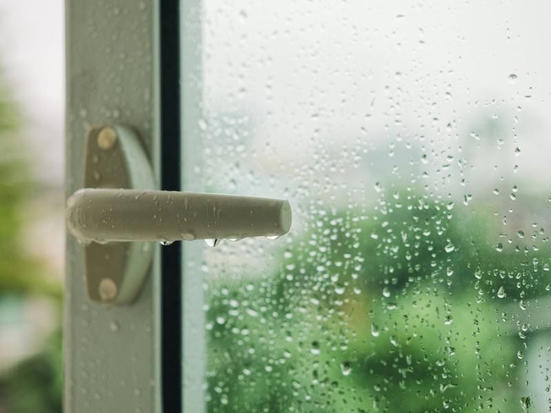 Why You Need Whole-House Humidity Control. Image is a magnified photograph of a glass door with a white handle covered in rain.
