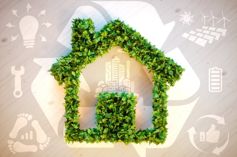 Tips to Prepare Your Cumming Home for Vacation This Summer. Sustainable living - 3d illustration with ecology icons on brown wooden background.