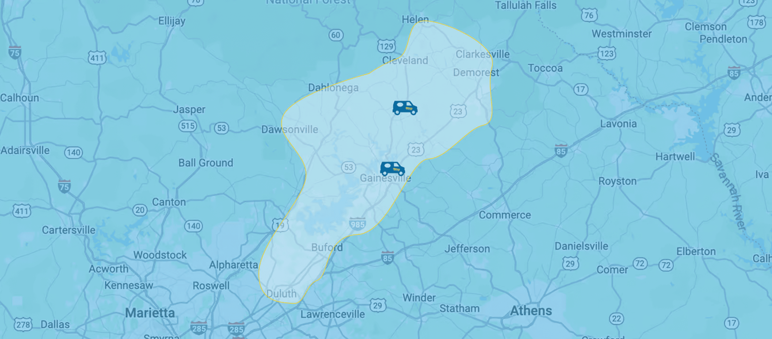 Absolute Climate Control service area, covering Clermont, Cleveland, Duluth, and other cities throughout Hall County, GA.