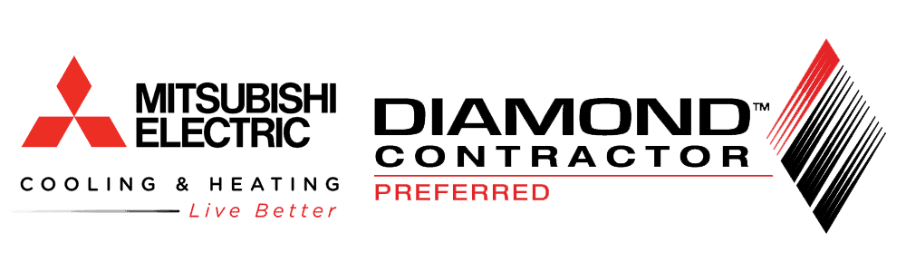 Mitsubishi Electric Cooling & Heating logo with Diamond Contractor Preferred logo to right.